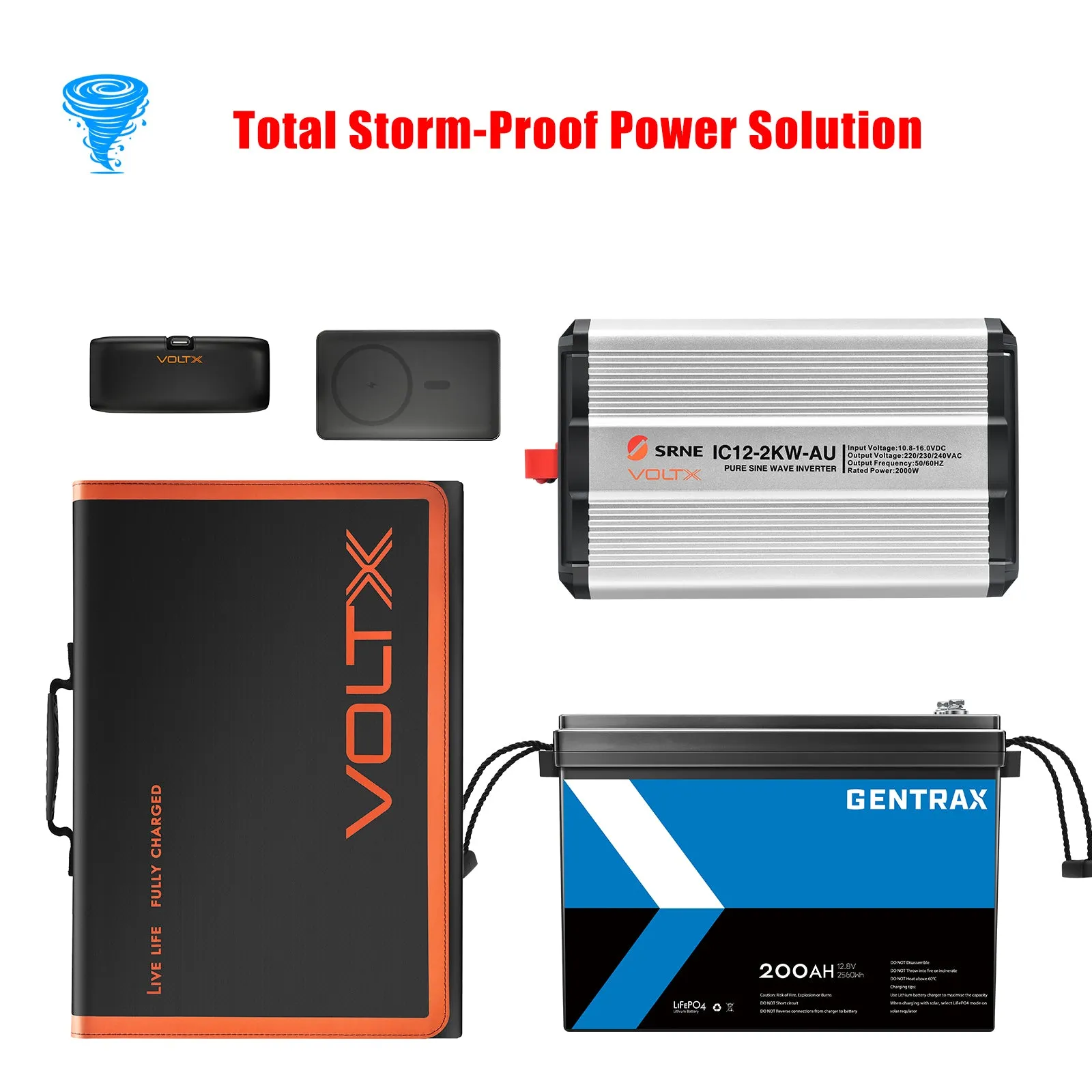 BUNDLE DEAL - VoltX 200W Solar Panel   200Ah Lithium Battery   2KW Inverter   2x Power Bank