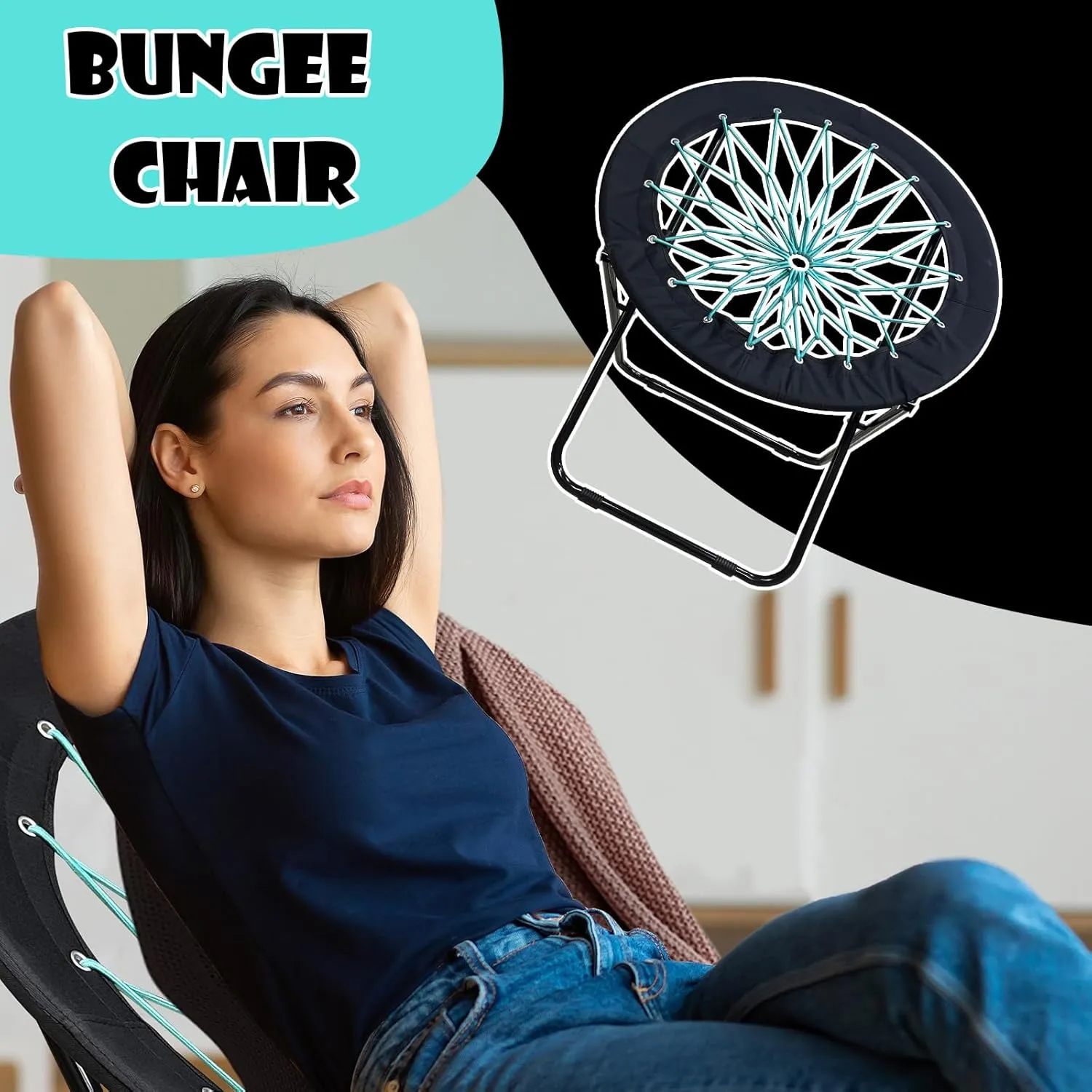 Bungee Chair Portable Foldable, Dish Bunjo Game Chair for Outdoor and Indoor and Camping and BBQ (Pink) (Small Black)
