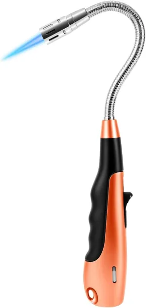 Butane Lighter Torch Long Lighter Jet Flame Windproof Lighter with Visual Fuel Window for Fireplace Kitchen Grill BBQ Camping, Orange (No Butane Included)