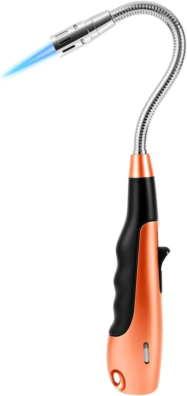 Butane Lighter Torch Long Lighter Jet Flame Windproof Lighter with Visual Fuel Window for Fireplace Kitchen Grill BBQ Camping, Orange (No Butane Included)