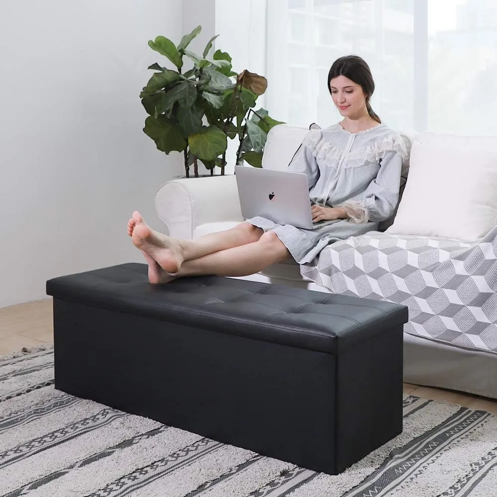 Camabel 43 Inch Folding Storage Ottoman Bench 125L Hold up 700lbs Ottoman with Storage Chest Foam Seat Padded Foot Rest Stool Faux Leather Bedroom Bench with Storage Coffee Table Black