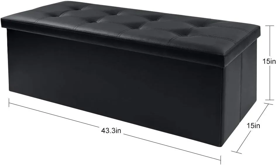 Camabel 43 Inch Folding Storage Ottoman Bench 125L Hold up 700lbs Ottoman with Storage Chest Foam Seat Padded Foot Rest Stool Faux Leather Bedroom Bench with Storage Coffee Table Black