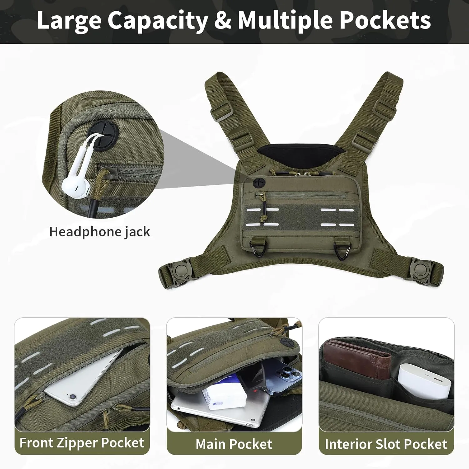 CamGo Tactical Outdoor Sports Chest Bag for Men, Molle EDC Vest Chest Pack for Sports Running Hiking Workout