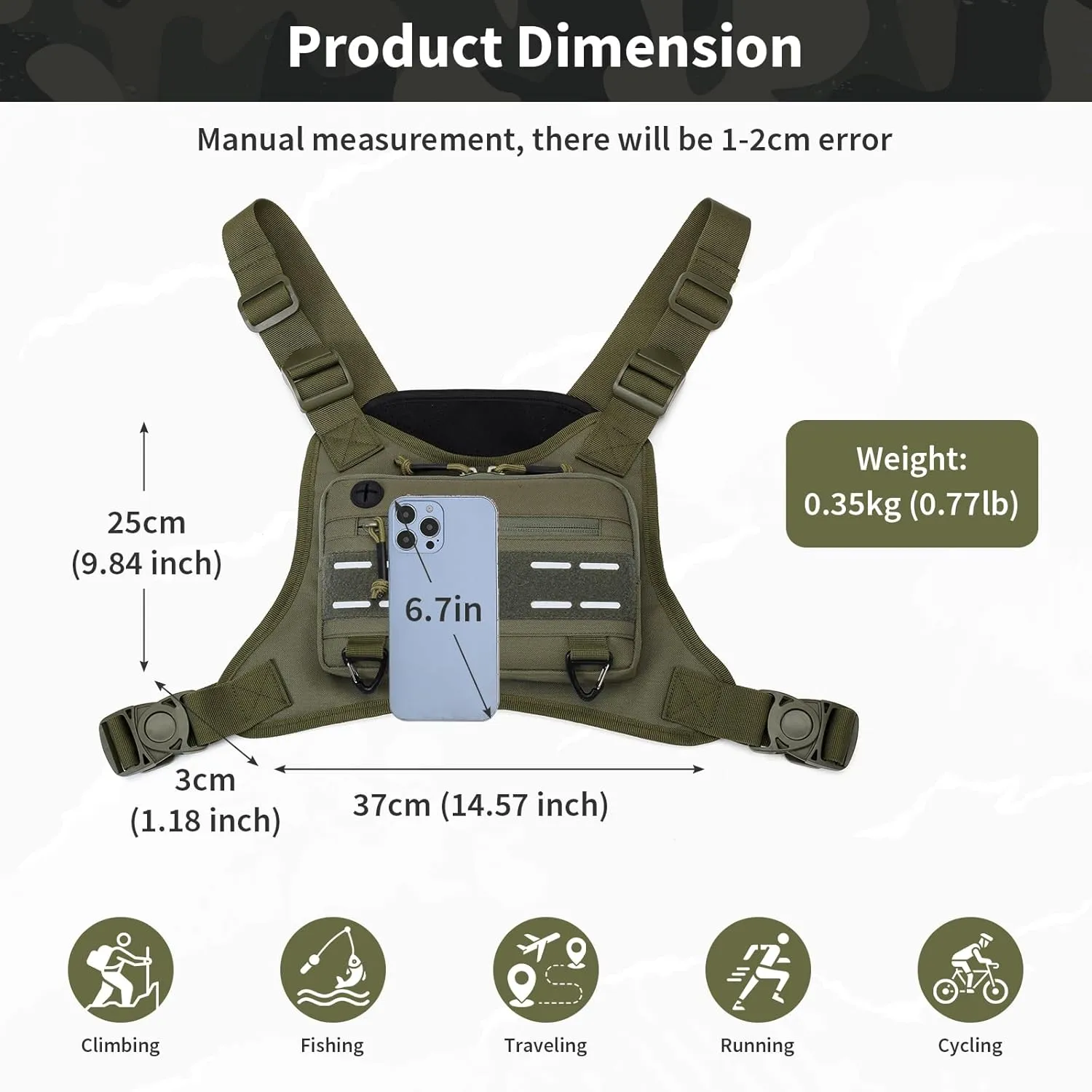 CamGo Tactical Outdoor Sports Chest Bag for Men, Molle EDC Vest Chest Pack for Sports Running Hiking Workout