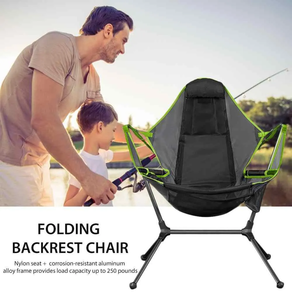 Camping Chair Foldable Swing Luxury Recliner Swinging Comfort Lean Back Outdoor Folding Rocking Chair - Grey