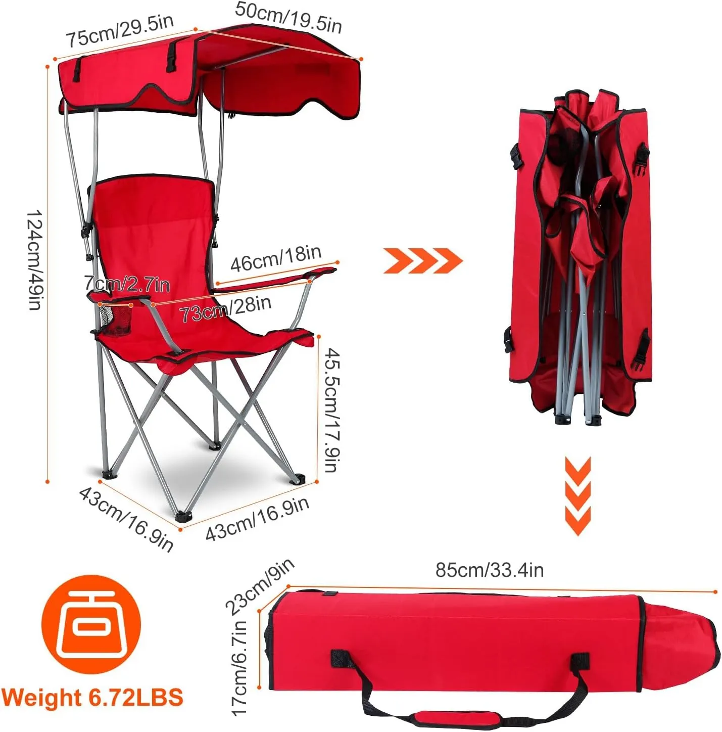 Camping Chair with Canopy, Folding Chairs for Outside, Beach Chair with Canopy Shade, Portable Lawn Chairs with Cup Holders, Heavy Duty Camping Chairs - Support 330 Lbs (Red)