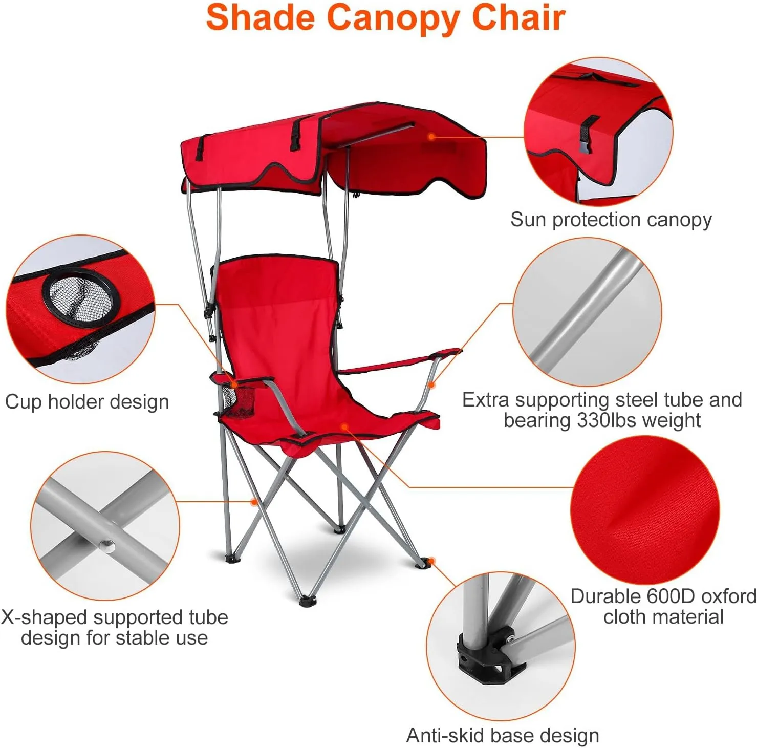 Camping Chair with Canopy, Folding Chairs for Outside, Beach Chair with Canopy Shade, Portable Lawn Chairs with Cup Holders, Heavy Duty Camping Chairs - Support 330 Lbs (Red)