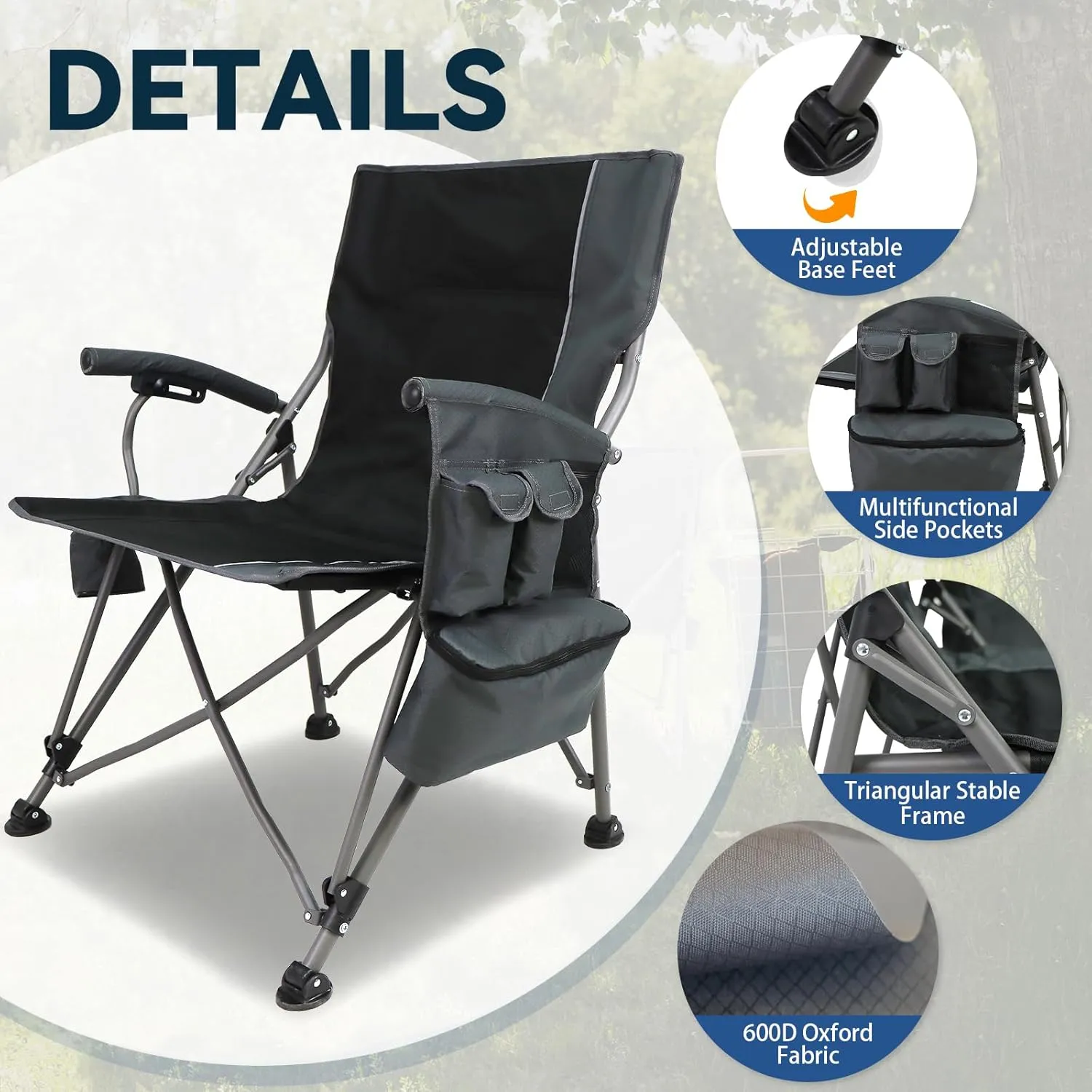 Camping Chairs Adults Oversized Folding: Foldable Outdoor Beach Chairs for Adults – Heavy Duty Portable High Camping Chair Sports Hunting Lawn Fishing Soccer (Steel, Grey)