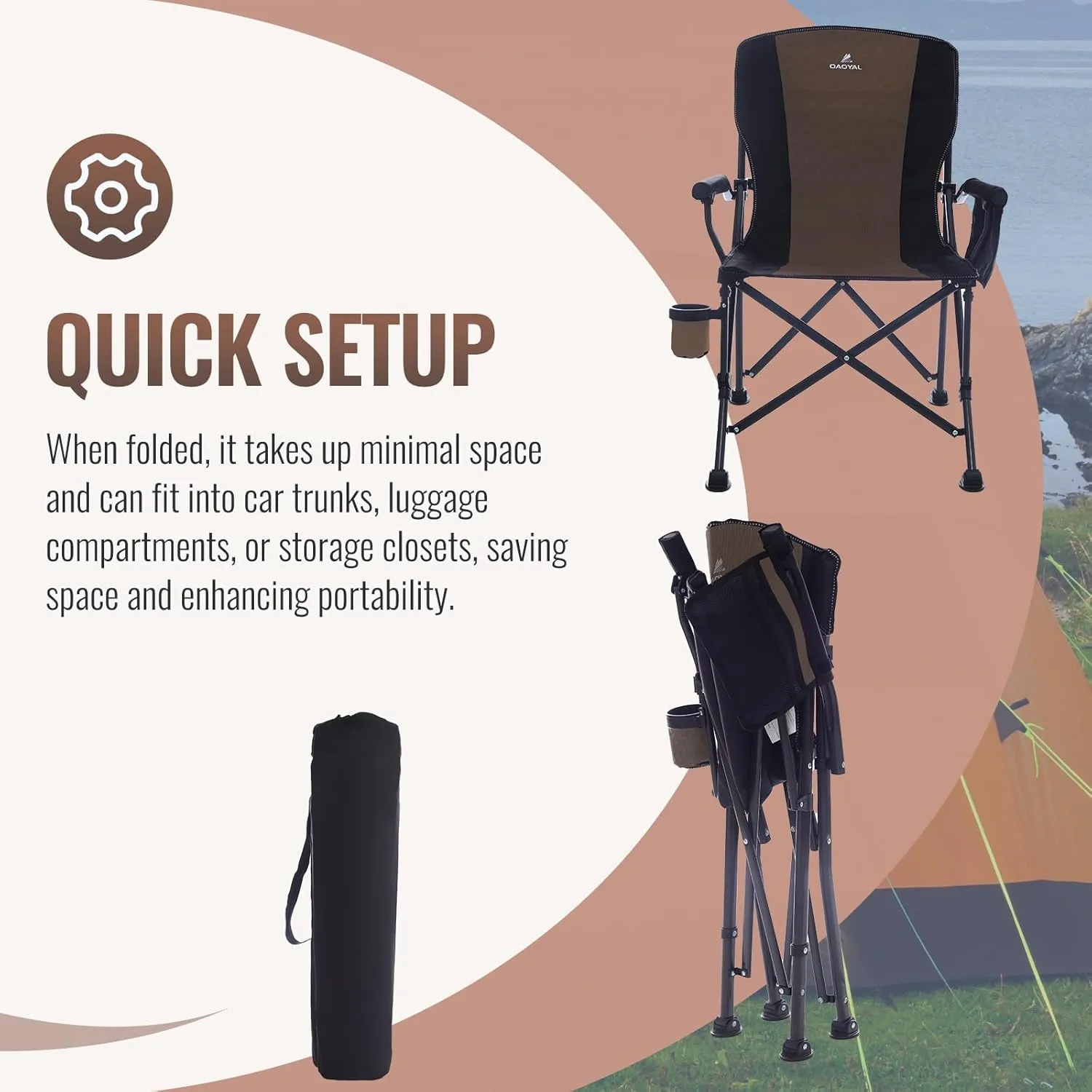 Camping Chairs for Adults, Support 300 LBS Lawn Chairs with Side Pocket & Cup Holder, Heavy Duty Folding Chair for Camping, Fishing, Sports Event (Black&Brown)