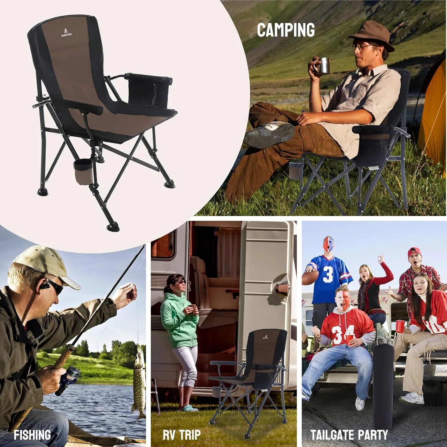Camping Chairs for Adults, Support 300 LBS Lawn Chairs with Side Pocket & Cup Holder, Heavy Duty Folding Chair for Camping, Fishing, Sports Event (Black&Brown)