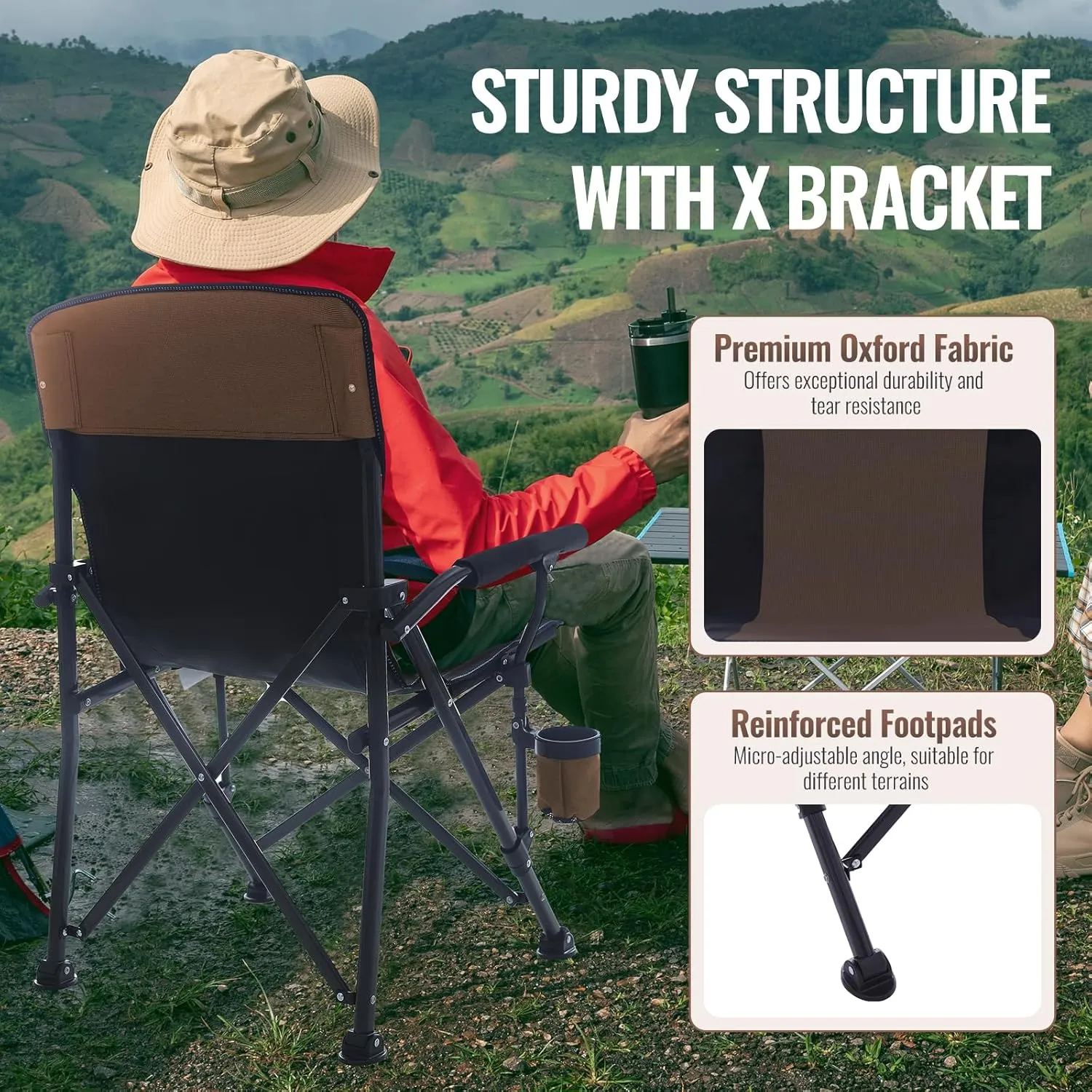 Camping Chairs for Adults, Support 300 LBS Lawn Chairs with Side Pocket & Cup Holder, Heavy Duty Folding Chair for Camping, Fishing, Sports Event (Black&Brown)