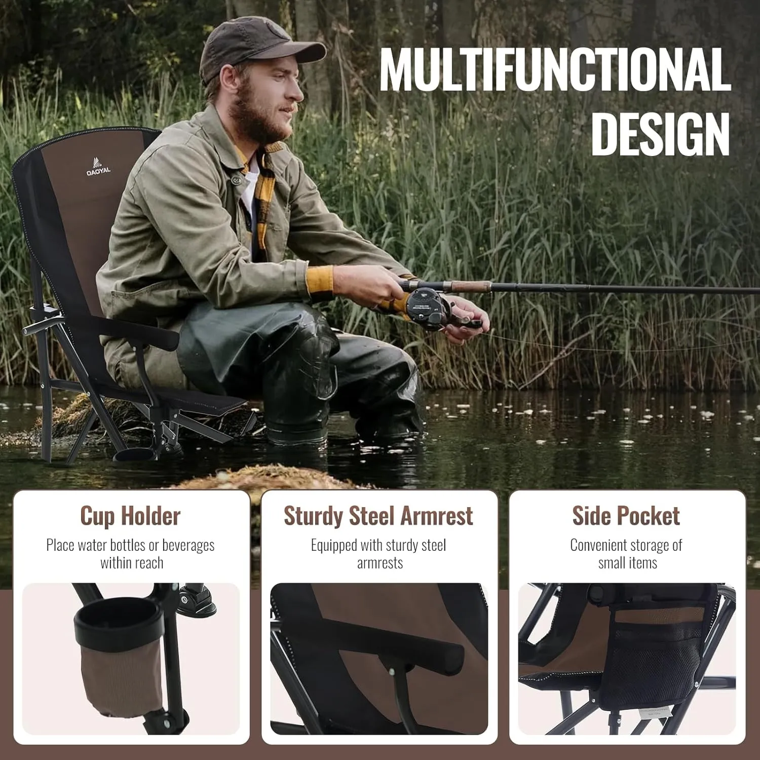 Camping Chairs for Adults, Support 300 LBS Lawn Chairs with Side Pocket & Cup Holder, Heavy Duty Folding Chair for Camping, Fishing, Sports Event (Black&Brown)
