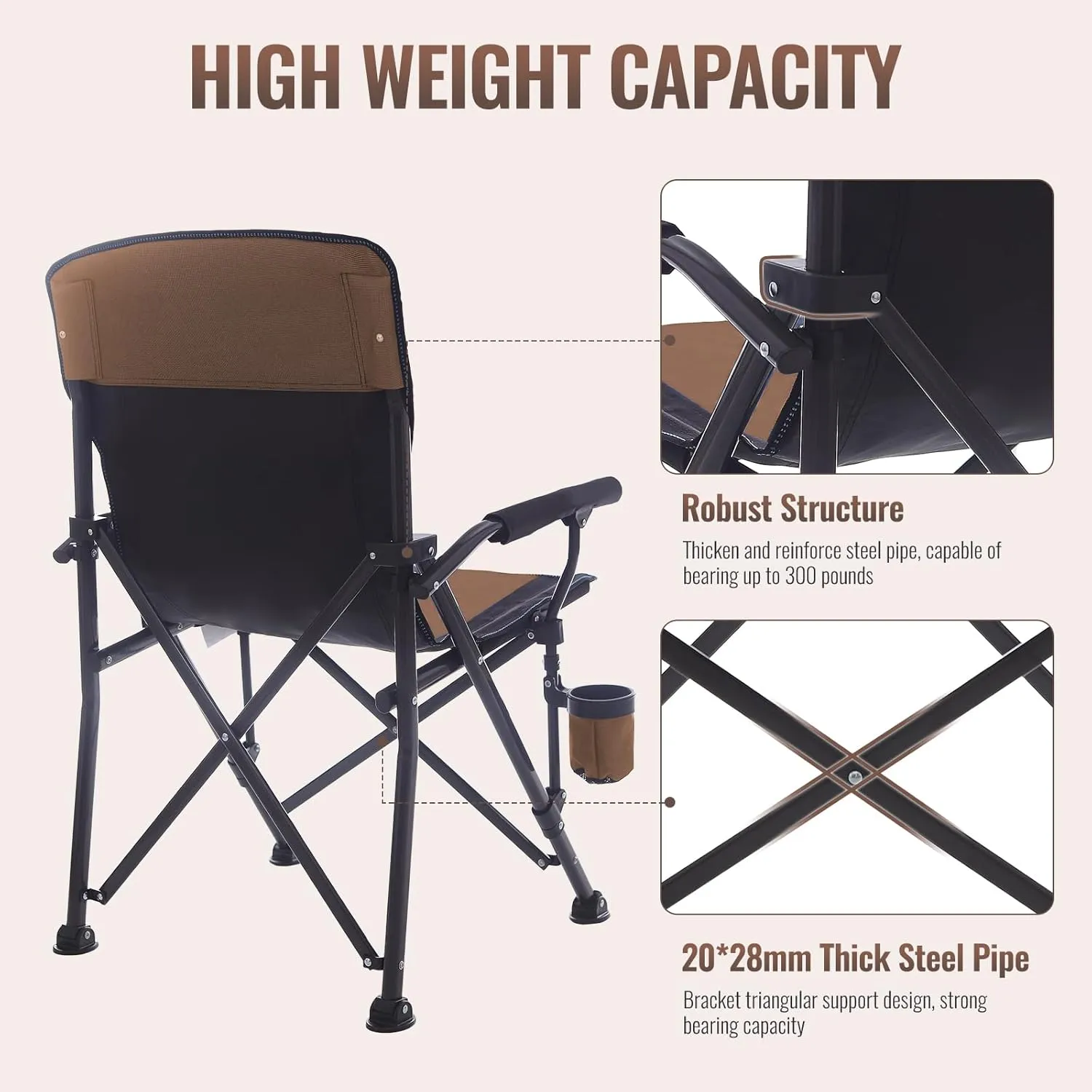 Camping Chairs for Adults, Support 300 LBS Lawn Chairs with Side Pocket & Cup Holder, Heavy Duty Folding Chair for Camping, Fishing, Sports Event (Black&Brown)