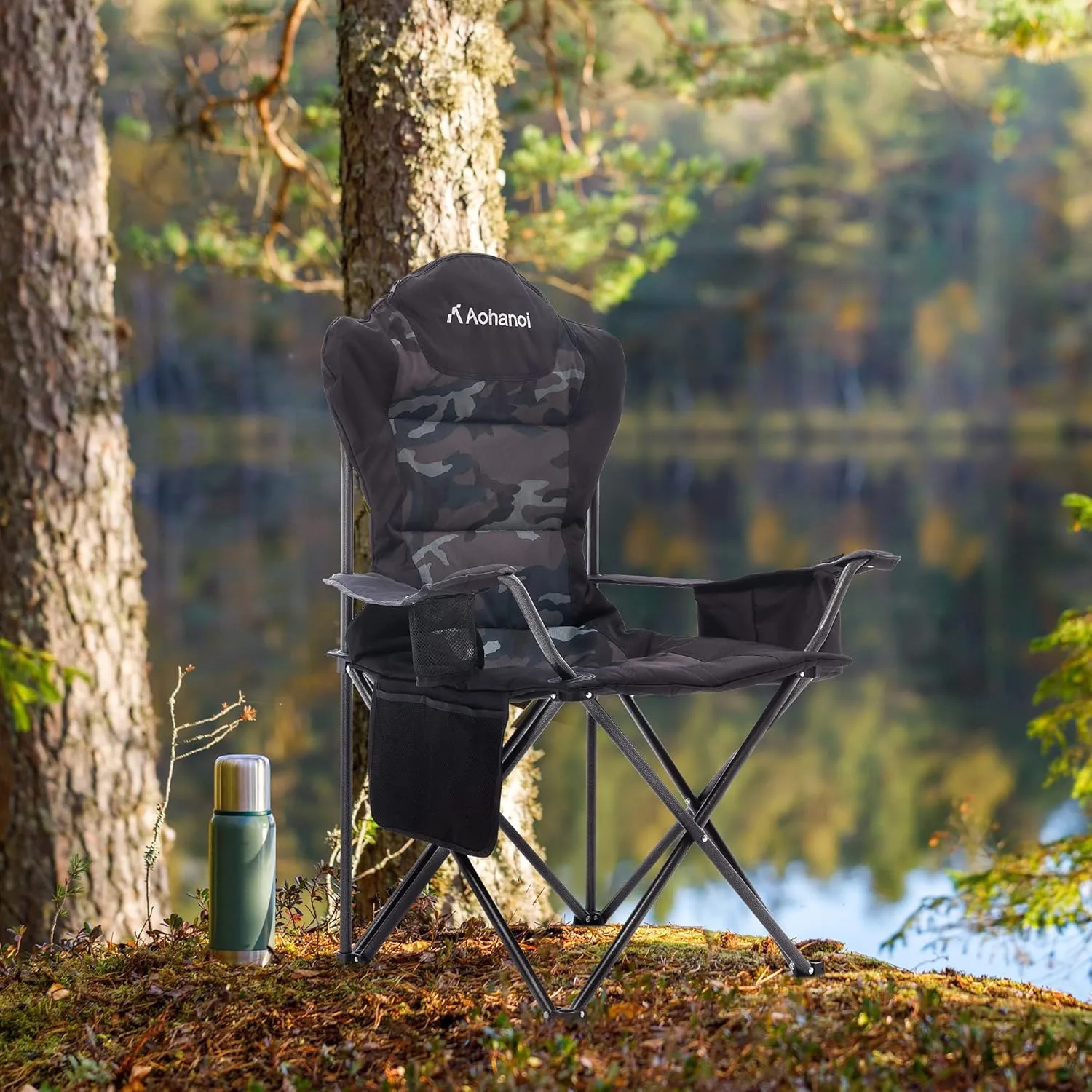 Camping Chairs for Heavy People, Folding Chairs for Outside Outdoor Folding Chairs with Cup Holder & Cooler Bag, Camp Chairs Supports up to 300lbs (1 PC, Camo)