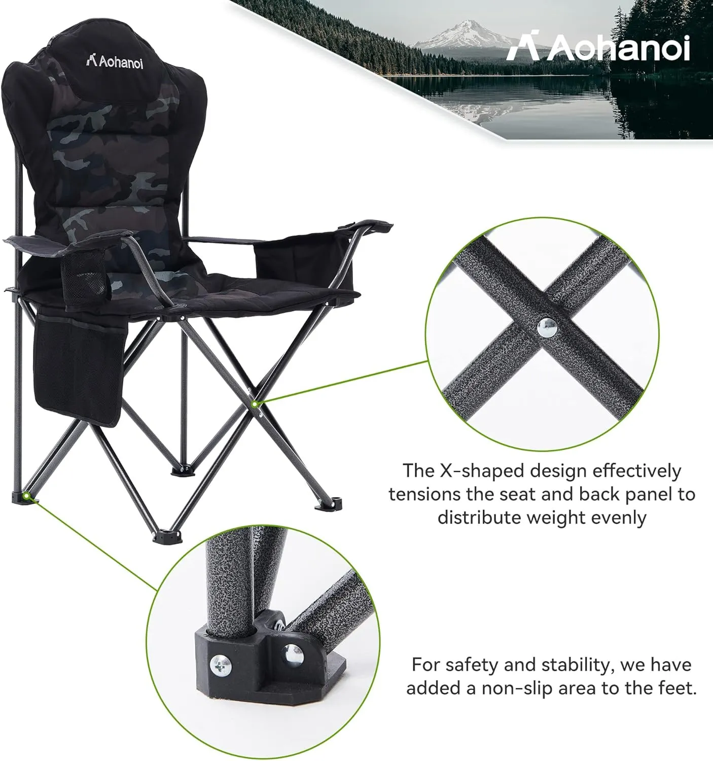 Camping Chairs for Heavy People, Folding Chairs for Outside Outdoor Folding Chairs with Cup Holder & Cooler Bag, Camp Chairs Supports up to 300lbs (1 PC, Camo)
