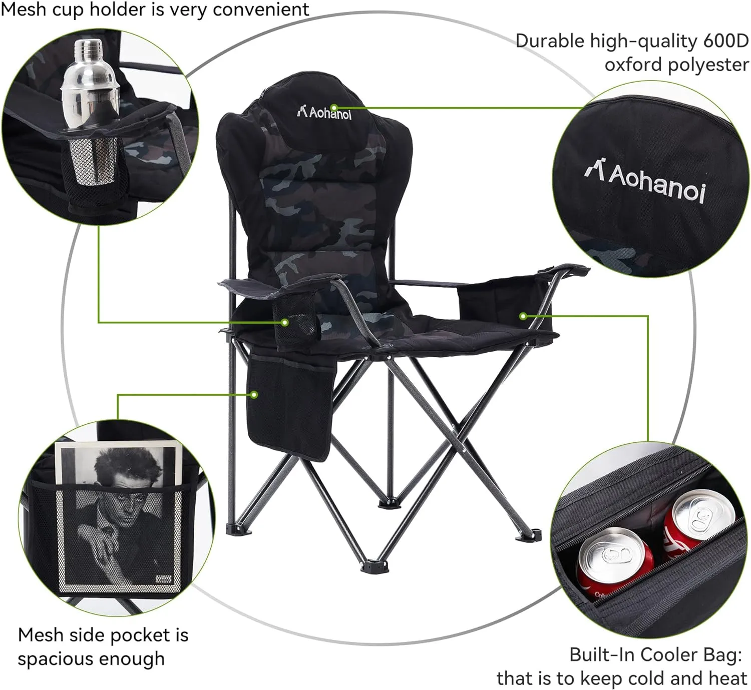 Camping Chairs for Heavy People, Folding Chairs for Outside Outdoor Folding Chairs with Cup Holder & Cooler Bag, Camp Chairs Supports up to 300lbs (1 PC, Camo)