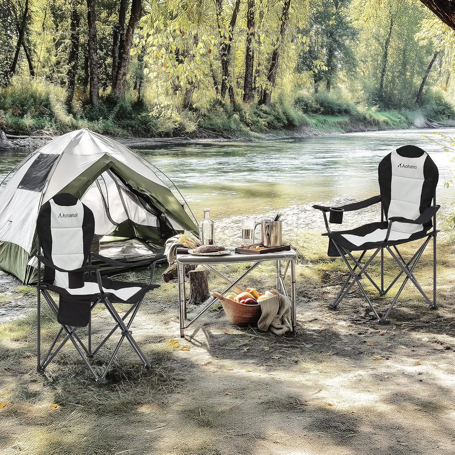 Camping Chairs for Heavy People, Folding Chairs for Outside Outdoor Folding Chairs with Cup Holder & Cooler Bag, Camp Chairs Supports up to 400lbs(1 PC, Black White)