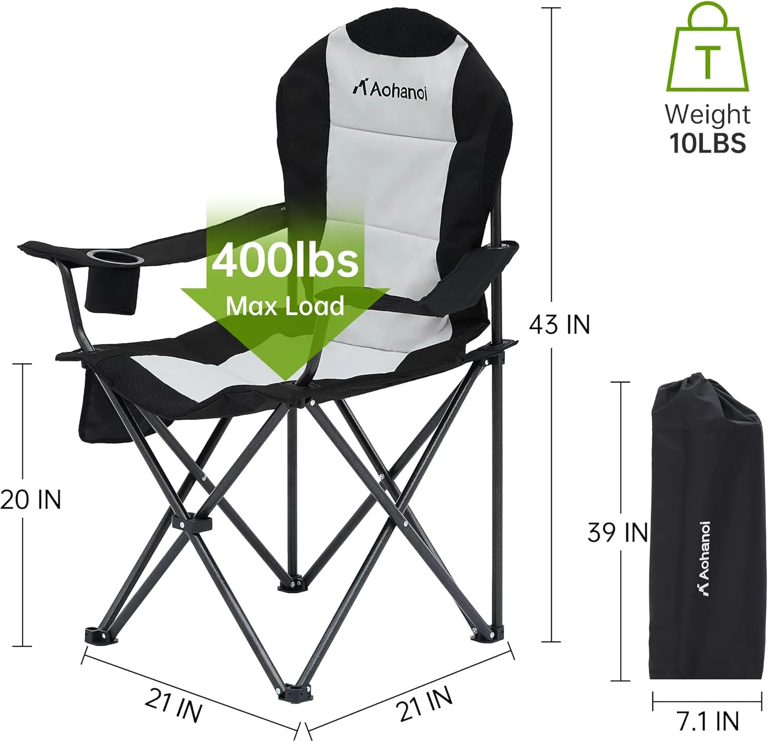 Camping Chairs for Heavy People, Folding Chairs for Outside Outdoor Folding Chairs with Cup Holder & Cooler Bag, Camp Chairs Supports up to 400lbs(1 PC, Black White)