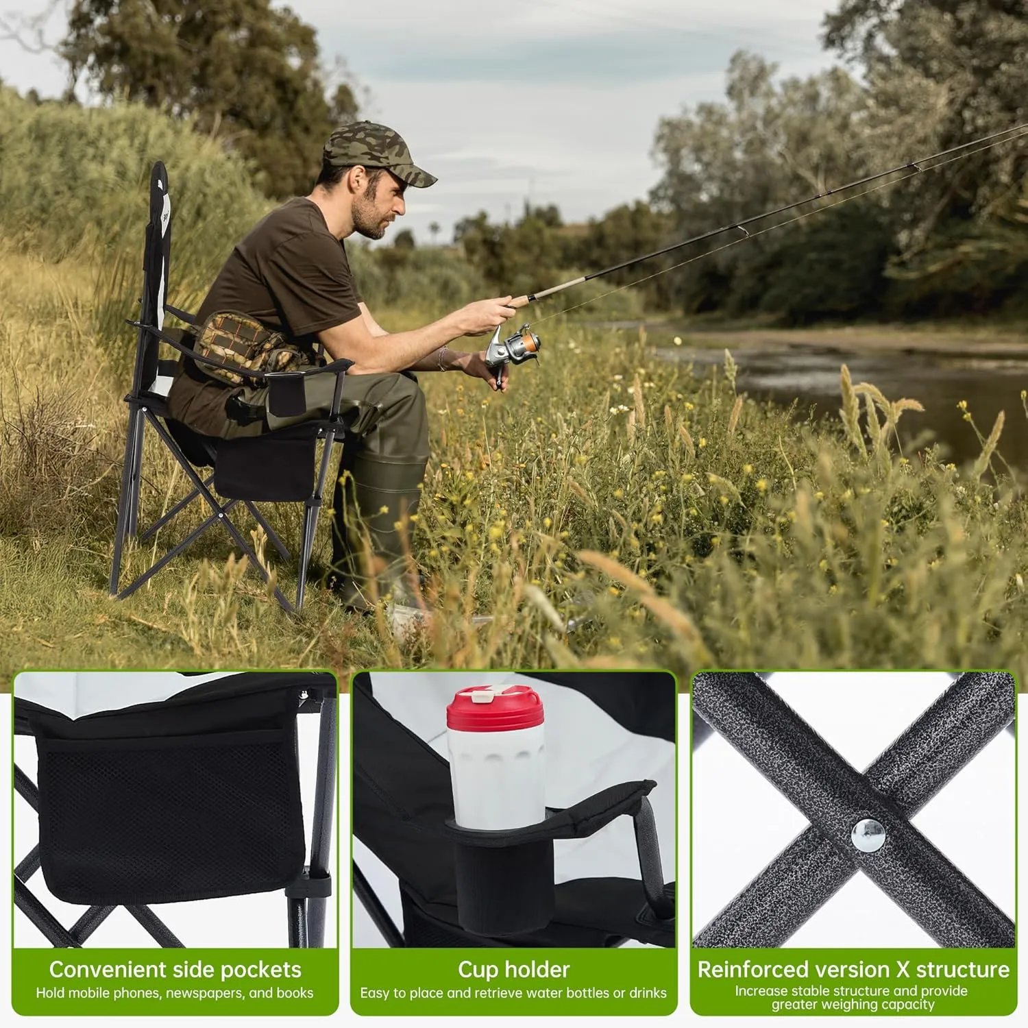 Camping Chairs for Heavy People, Folding Chairs for Outside Outdoor Folding Chairs with Cup Holder & Cooler Bag, Camp Chairs Supports up to 400lbs(1 PC, Black White)