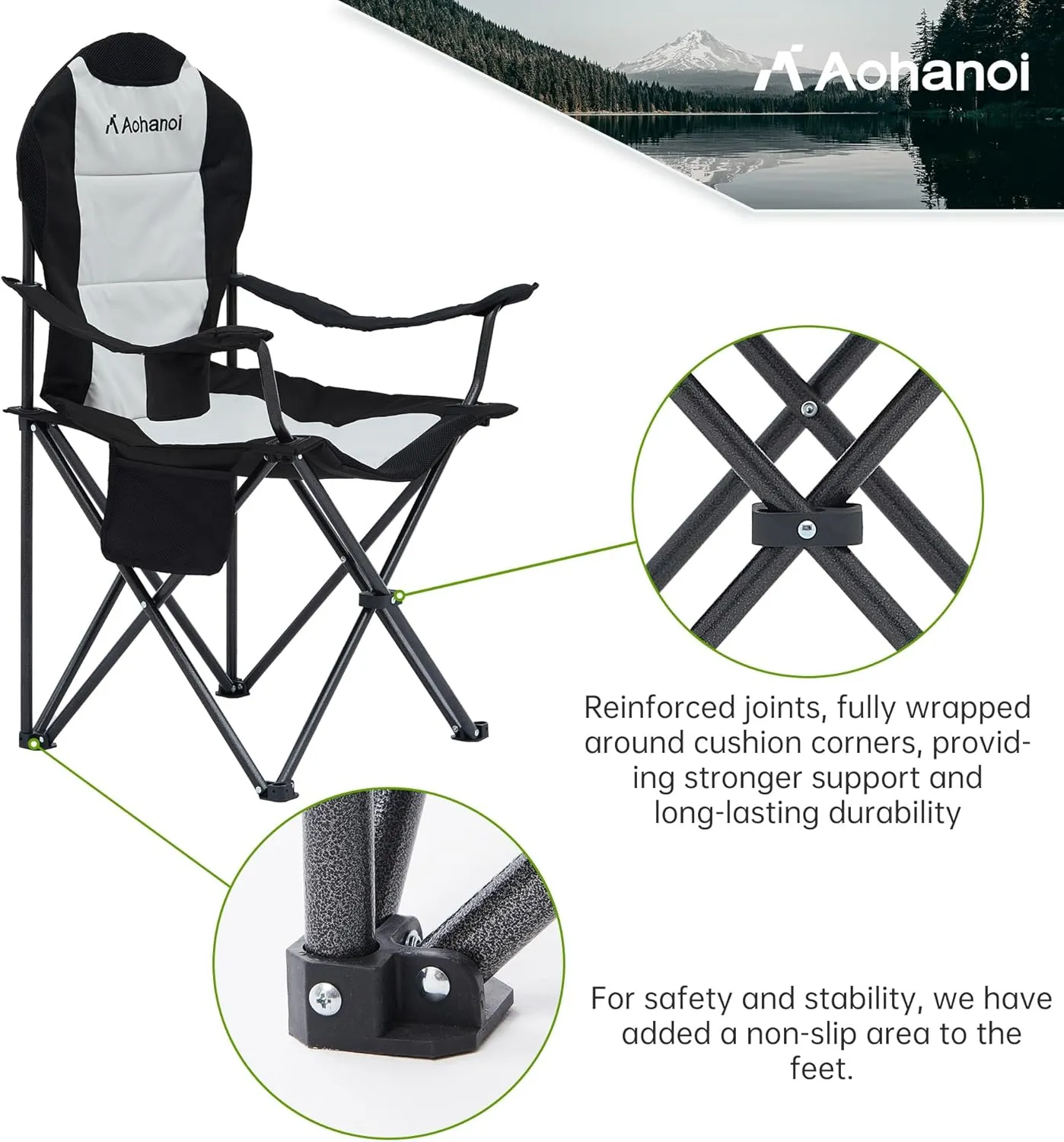 Camping Chairs for Heavy People, Folding Chairs for Outside Outdoor Folding Chairs with Cup Holder & Cooler Bag, Camp Chairs Supports up to 400lbs(1 PC, Black White)