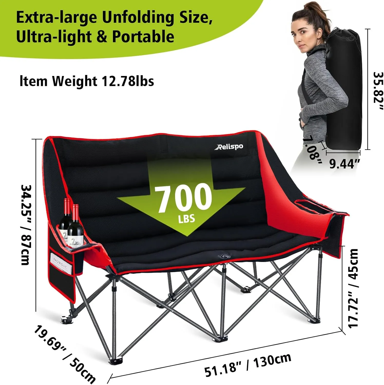 Camping Chairs Oversized Camping Chair Portable Double Camping Chair for Adults Heavy Duty Folding Chair Support 700LBS with Cup Holders & Large Side Organizer Pockets for Camping/Car Trunk/Campfires