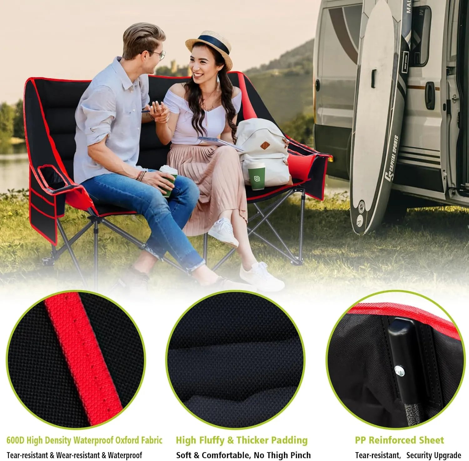 Camping Chairs Oversized Camping Chair Portable Double Camping Chair for Adults Heavy Duty Folding Chair Support 700LBS with Cup Holders & Large Side Organizer Pockets for Camping/Car Trunk/Campfires