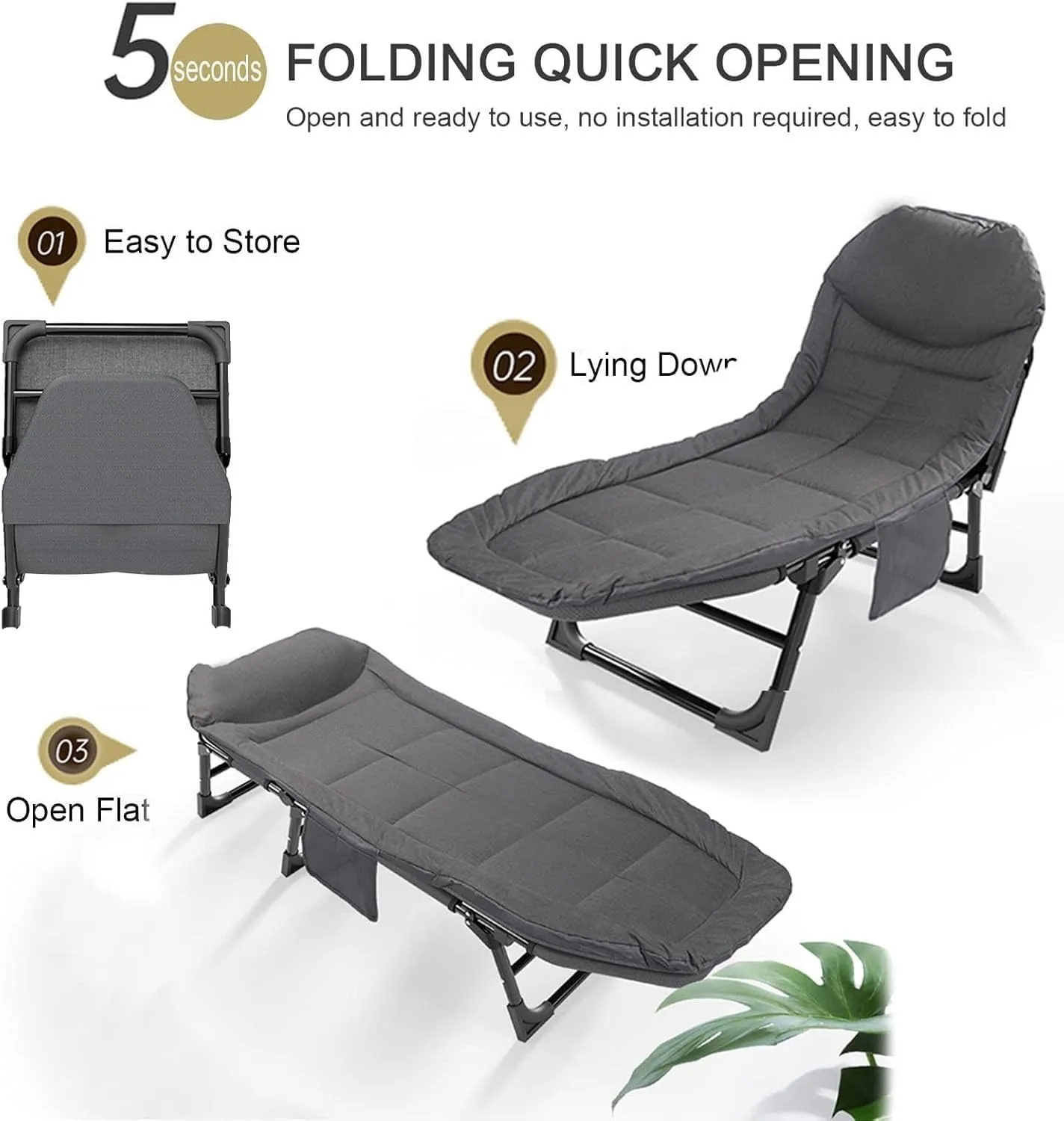Camping Cot for Adults with Cushion, Portable Folding Camping Cot, 5-Position Folding Chaise Lounge(C)