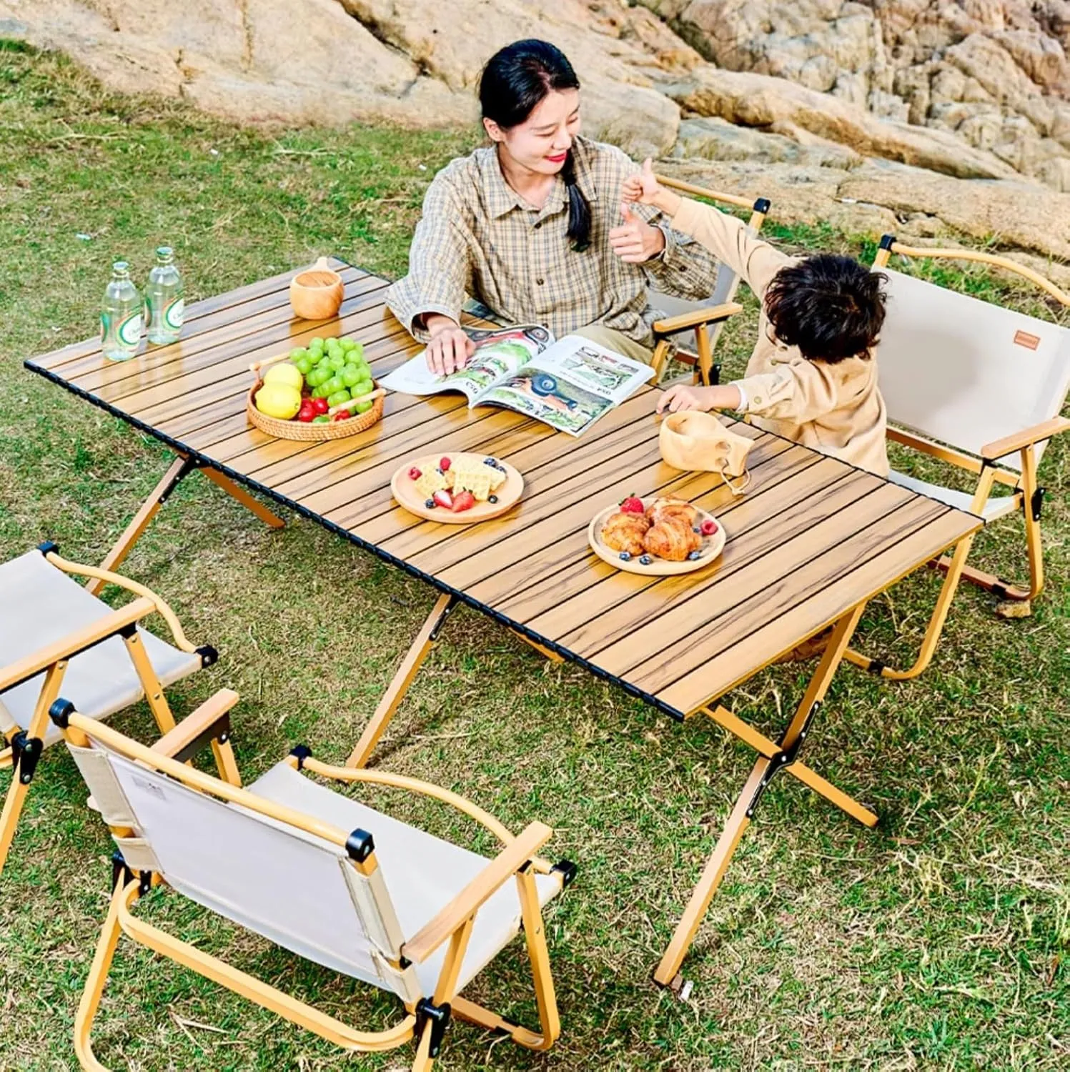Camping Folding Chair and Table Set,Portable Picnic Table with Seats,for Outdoor Travel, Grill Beaches Party, Backyard BBQ 120 * 60 * 45cm Table Chair*6