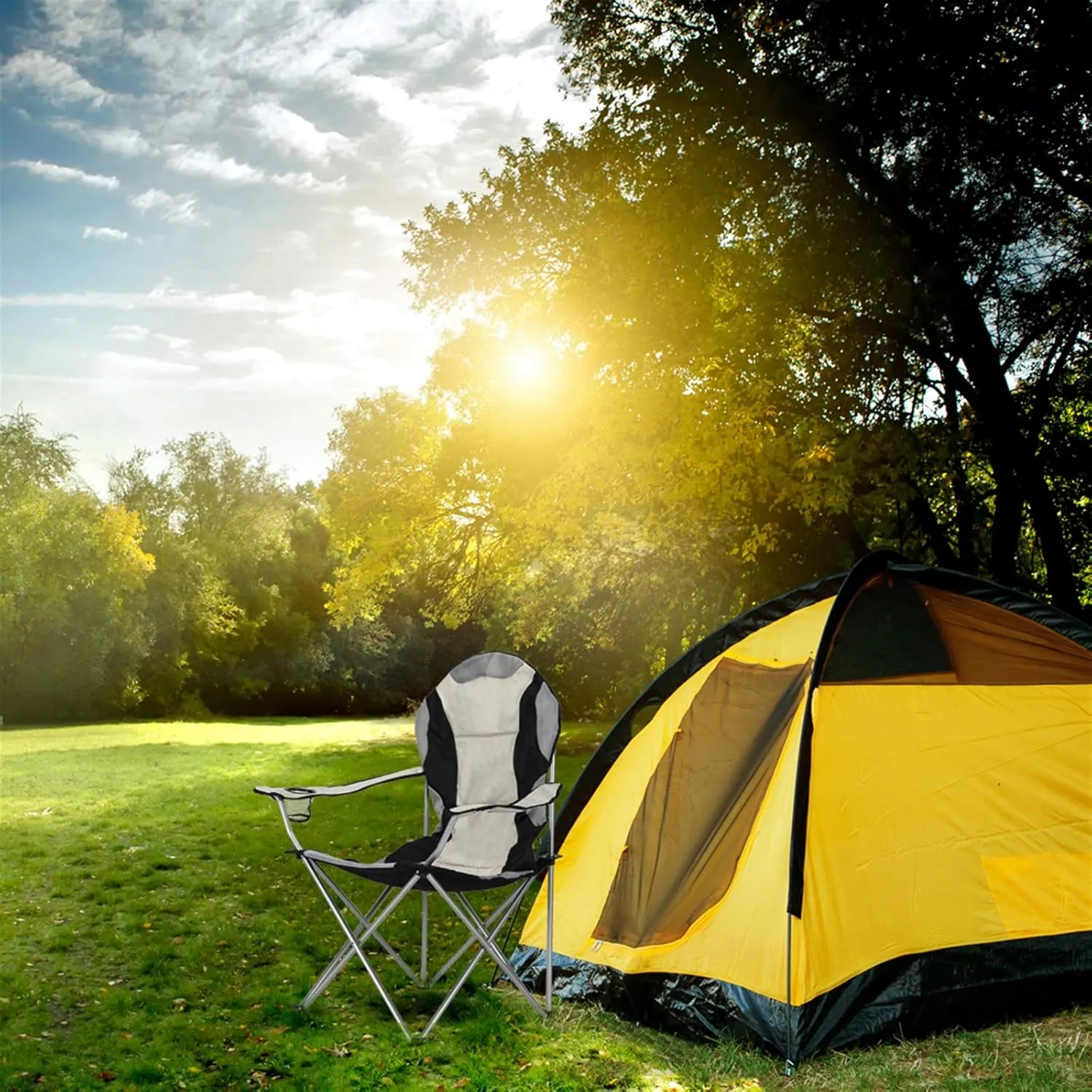 Camping Folding Chair,Portable Folding Chair with Arm Rest Cup Holder and Carrying and Storage Bag for Outdoor, Camp, Indoor, Patio, Supports 330lbs (Grey Black, Modern)
