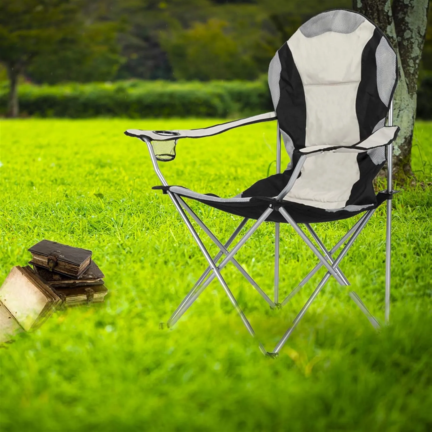Camping Folding Chair,Portable Folding Chair with Arm Rest Cup Holder and Carrying and Storage Bag for Outdoor, Camp, Indoor, Patio, Supports 330lbs (Grey Black, Modern)