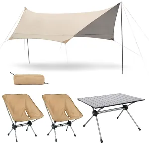 Camping Fur Set of 4 with 2 airs, 1 Table and 1 Shade Cloth, Outdoor Collapsible airs and Table with Carrying Bag and Aluminium Roll-up Top, Easy to Carry