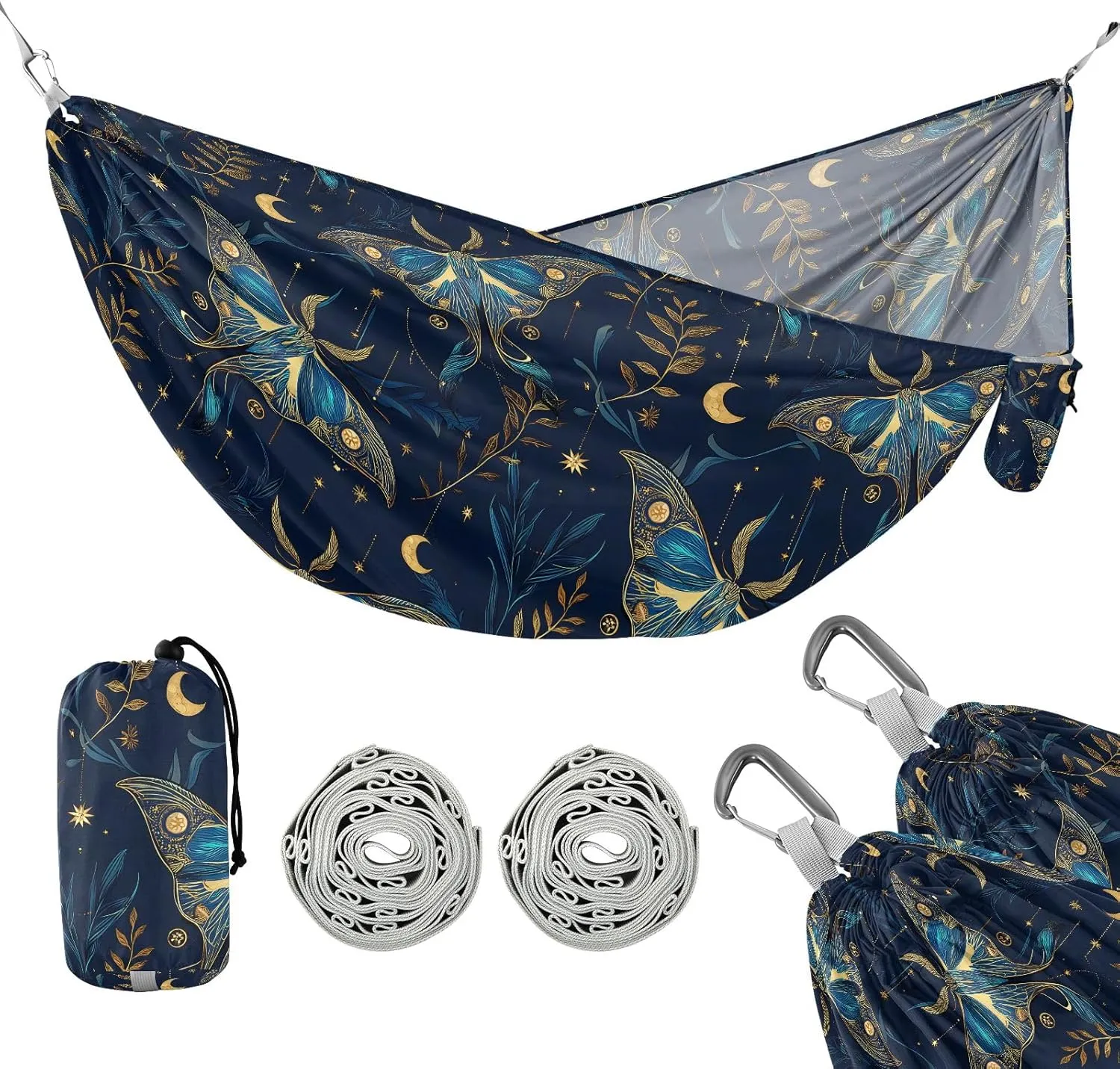 Camping Hammock Outdoor Hammocks for Outside Blue Moth Beach Trees Portable Lightweight with Pockets Tree Straps Indoor Small