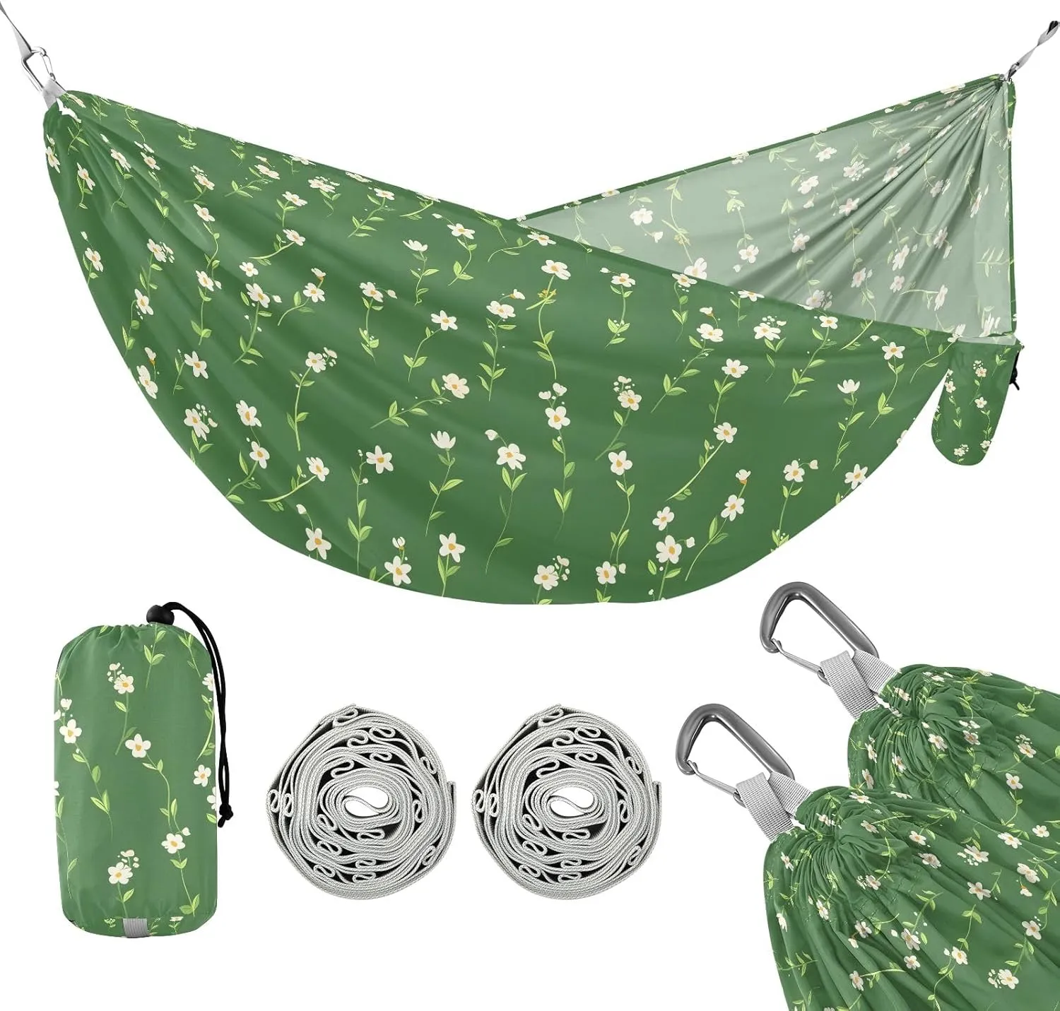 Camping Hammock Outdoor Hammocks for Outside Green White Flowers Small Beach Trees Portable Lightweight with Pockets Tree Straps Indoor