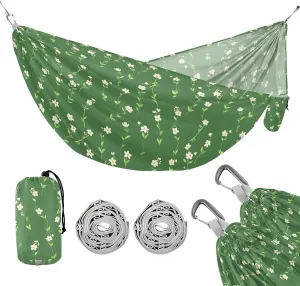 Camping Hammock Outdoor Hammocks for Outside Green White Flowers Small Beach Trees Portable Lightweight with Pockets Tree Straps Indoor