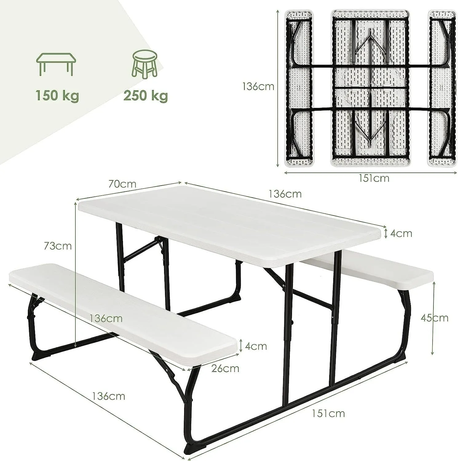 Camping Table, Folding Picnic Table and Bench Set, Portable Camping Trestle Table Chairs with Anti-slip Pads, Outdoor Foldable Dining Table Set Furniture for BBQ Pub Garden Patio Poolside(1,Folding)