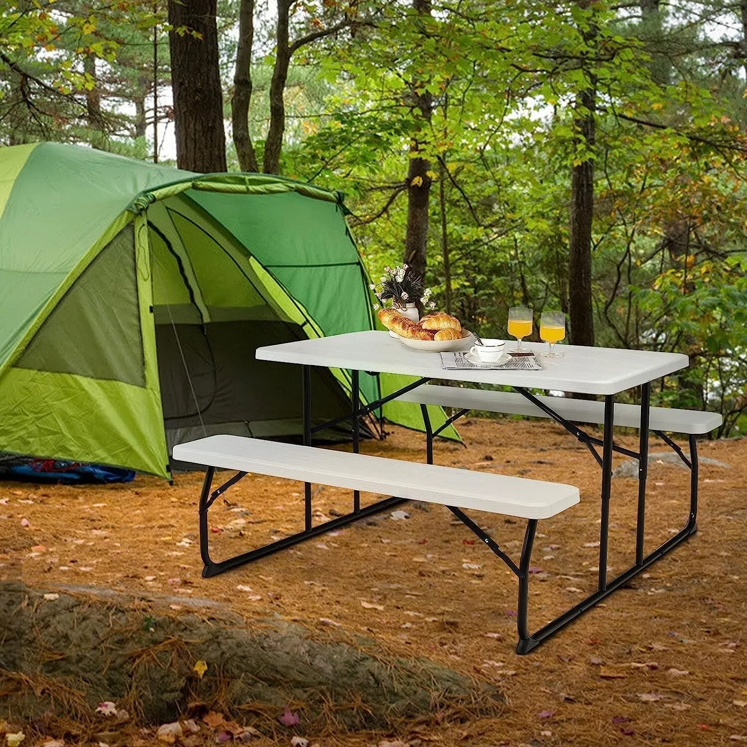 Camping Table, Folding Picnic Table and Bench Set, Portable Camping Trestle Table Chairs with Anti-slip Pads, Outdoor Foldable Dining Table Set Furniture for BBQ Pub Garden Patio Poolside(1,Folding)