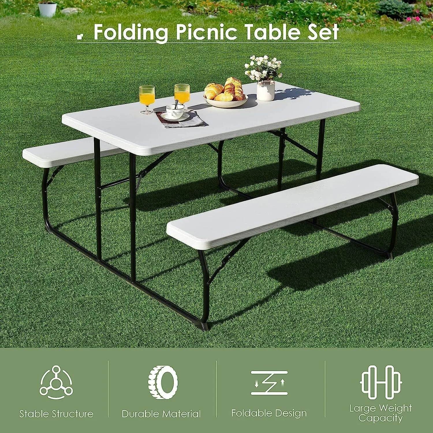 Camping Table, Folding Picnic Table and Bench Set, Portable Camping Trestle Table Chairs with Anti-slip Pads, Outdoor Foldable Dining Table Set Furniture for BBQ Pub Garden Patio Poolside(1,Folding)