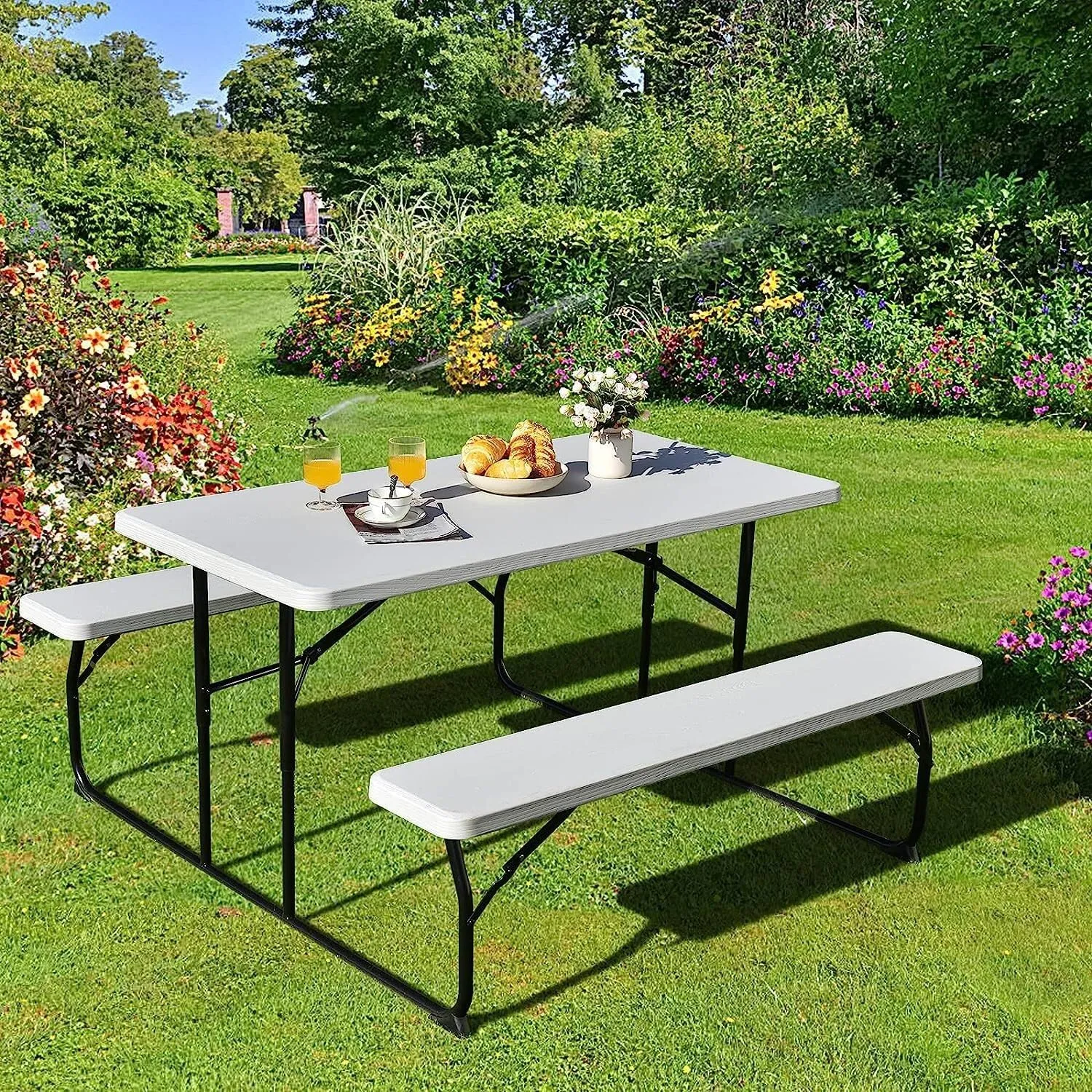Camping Table, Folding Picnic Table and Bench Set, Portable Camping Trestle Table Chairs with Anti-slip Pads, Outdoor Foldable Dining Table Set Furniture for BBQ Pub Garden Patio Poolside(1,Folding)