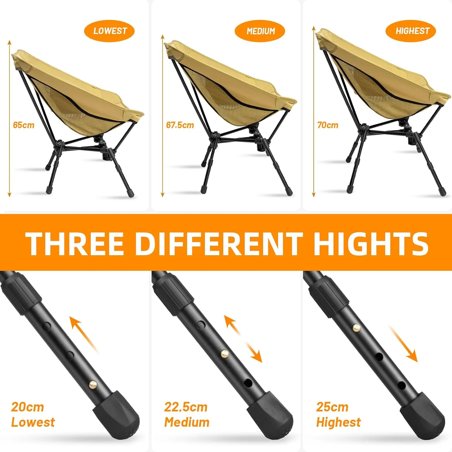 CANWAY Portable Camping Chair, Ultra-Compact and Lightweight Folding Chair for Camping, Beach, Picnic, Lawn Concerts, Hiking, Backpacking, Adjustable Height