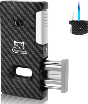 Carbon Fibre Texture All-in-one Torch Cigar Lighter with V Cutter | Windproof Jet Flames | Punch | Cooling Holes | Gas Window | Refillable Butane | Luxurious Gifts for Men