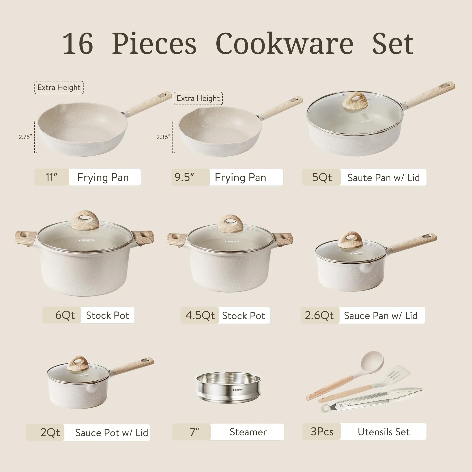 CAROTE 16pcs Pots and Pans Set Non Stick, Kitchen Cookware Sets, Large Capacity Granite Pots Set, Kitchen Induction Pots and Pans Cooking Sets, Beige