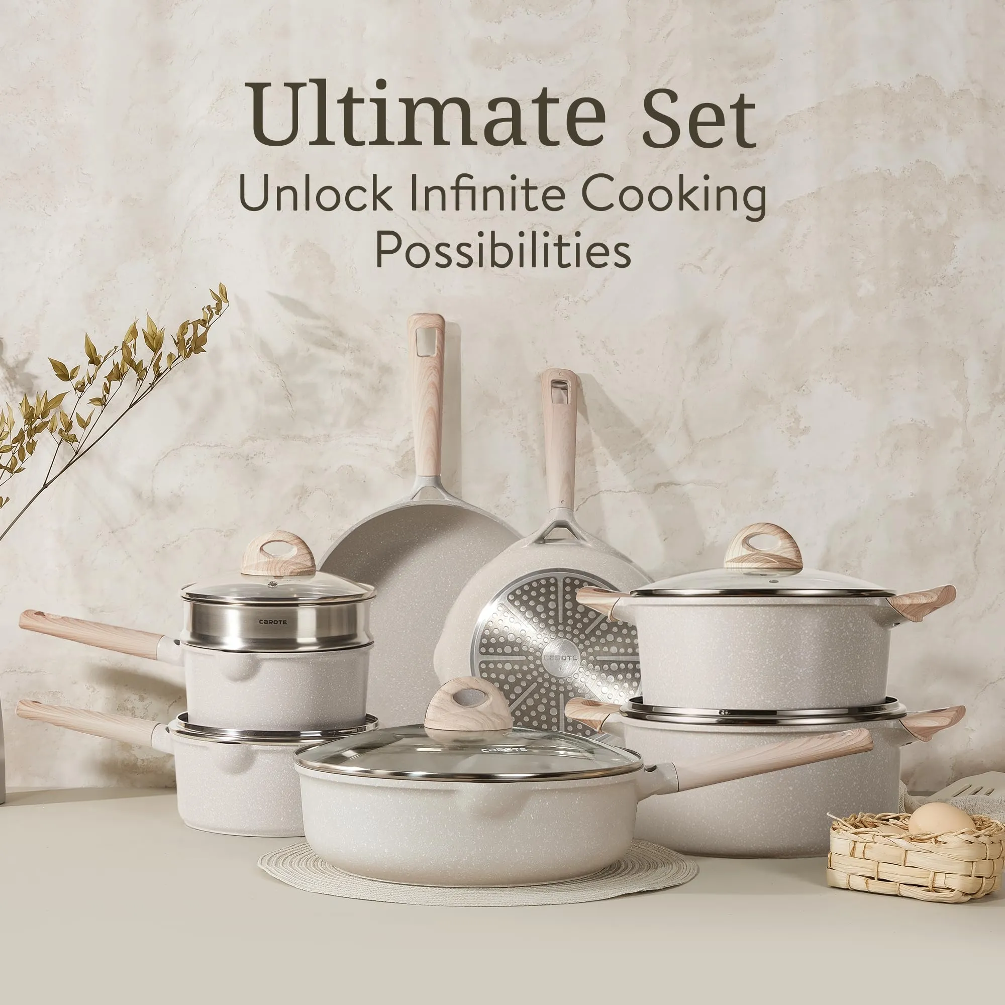 CAROTE 16pcs Pots and Pans Set Non Stick, Kitchen Cookware Sets, Large Capacity Granite Pots Set, Kitchen Induction Pots and Pans Cooking Sets, Beige