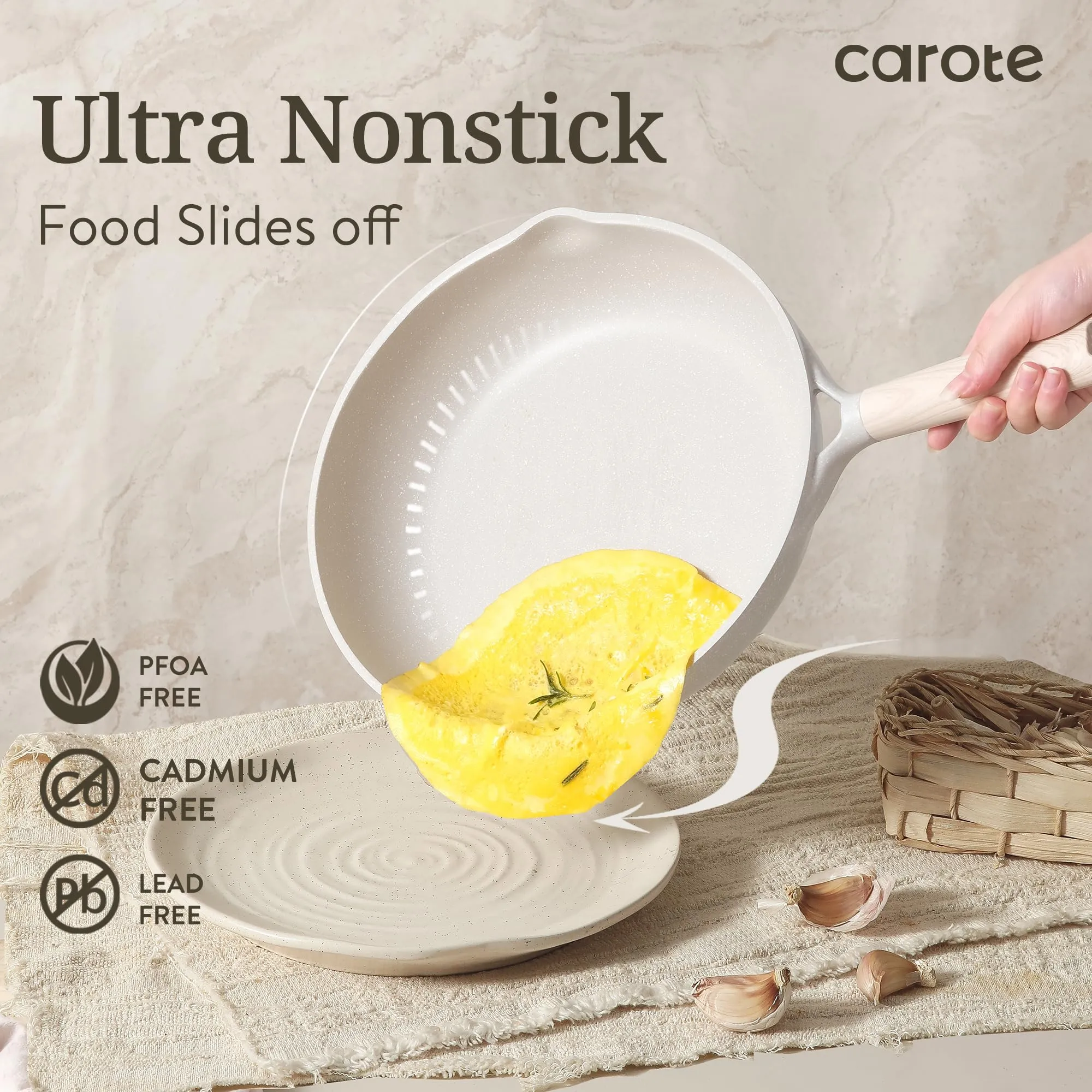 CAROTE 16pcs Pots and Pans Set Non Stick, Kitchen Cookware Sets, Large Capacity Granite Pots Set, Kitchen Induction Pots and Pans Cooking Sets, Beige