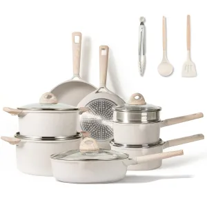 CAROTE 16pcs Pots and Pans Set Non Stick, Kitchen Cookware Sets, Large Capacity Granite Pots Set, Kitchen Induction Pots and Pans Cooking Sets, Beige