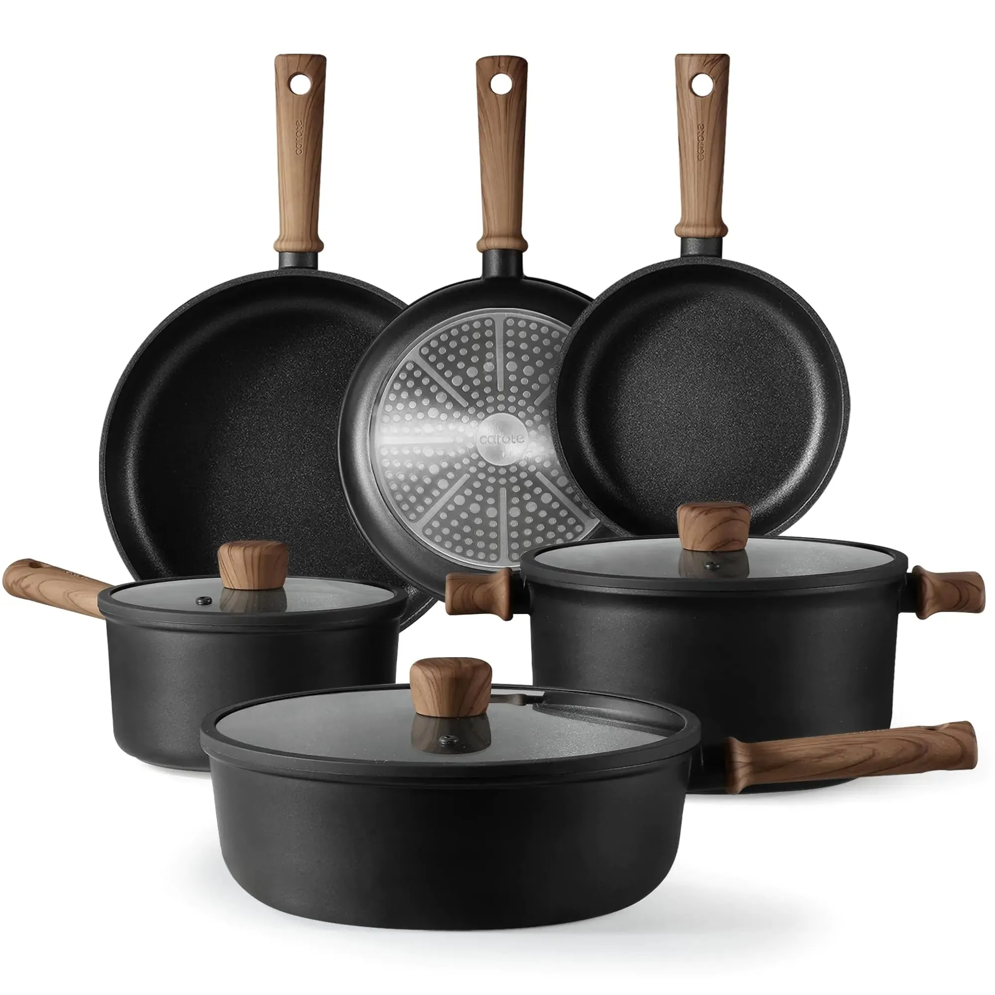 CAROTE 9pcs Pots and Pans Set Non Stick Nonstick Kitchen Cookware Sets Titanium Induction Cookware Sets with Stay-Cool Handle Black