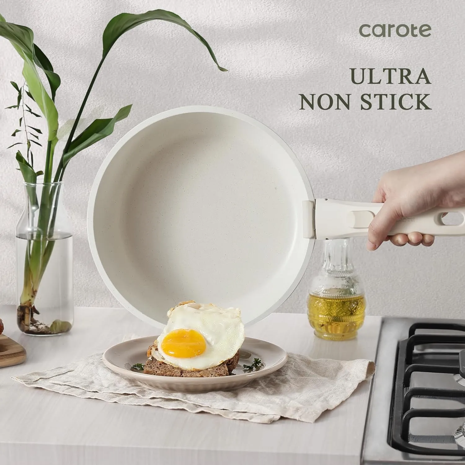 CAROTE Nonstick Cookware Sets, Detachable Non Stick Pots and Pans Set, Cooking Sets, Granite Non Stick Cookware, Suitable for All Stoves, Dishwasher/Oven Safe(White, 11 Pieces)