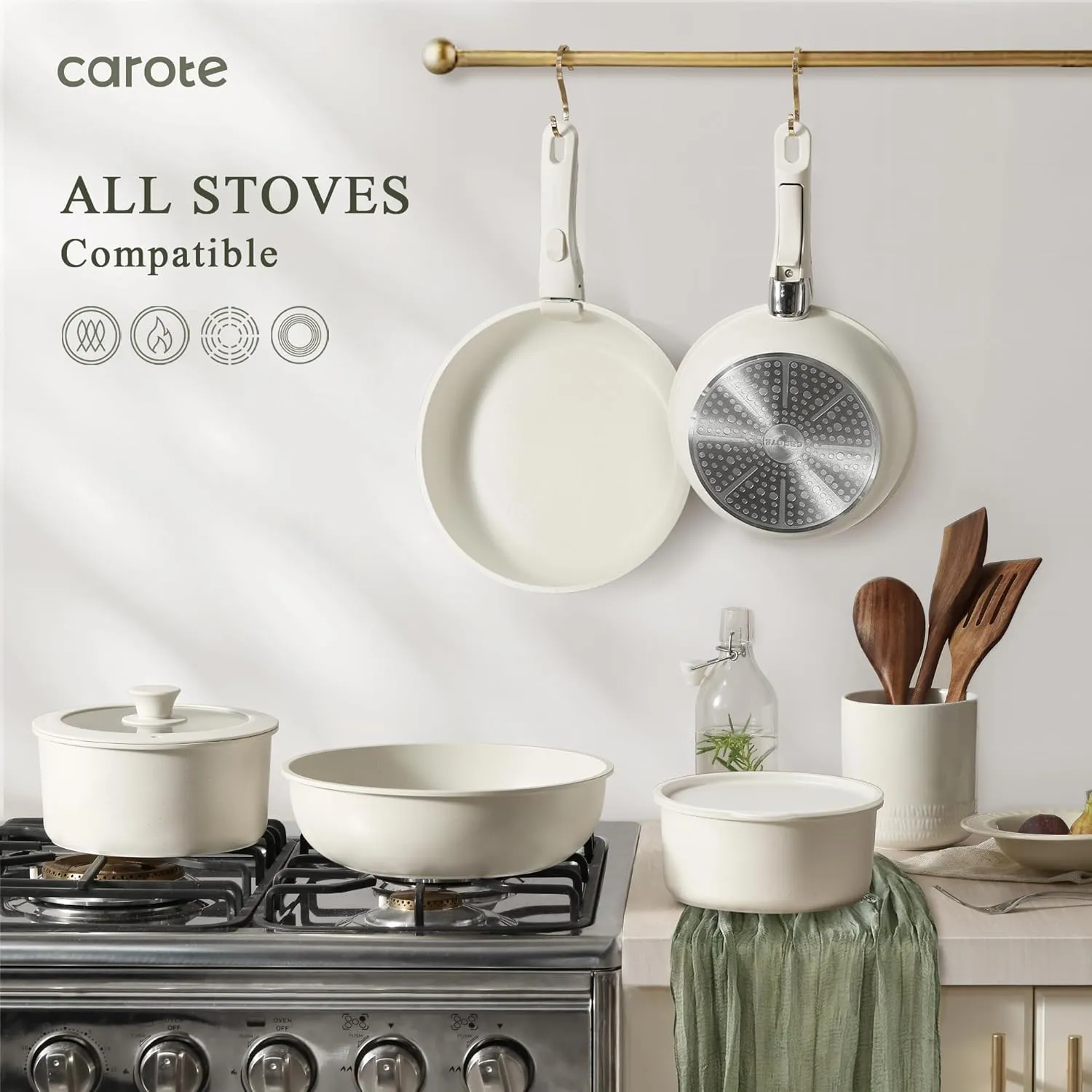 CAROTE Nonstick Cookware Sets, Detachable Non Stick Pots and Pans Set, Cooking Sets, Granite Non Stick Cookware, Suitable for All Stoves, Dishwasher/Oven Safe(White, 11 Pieces)