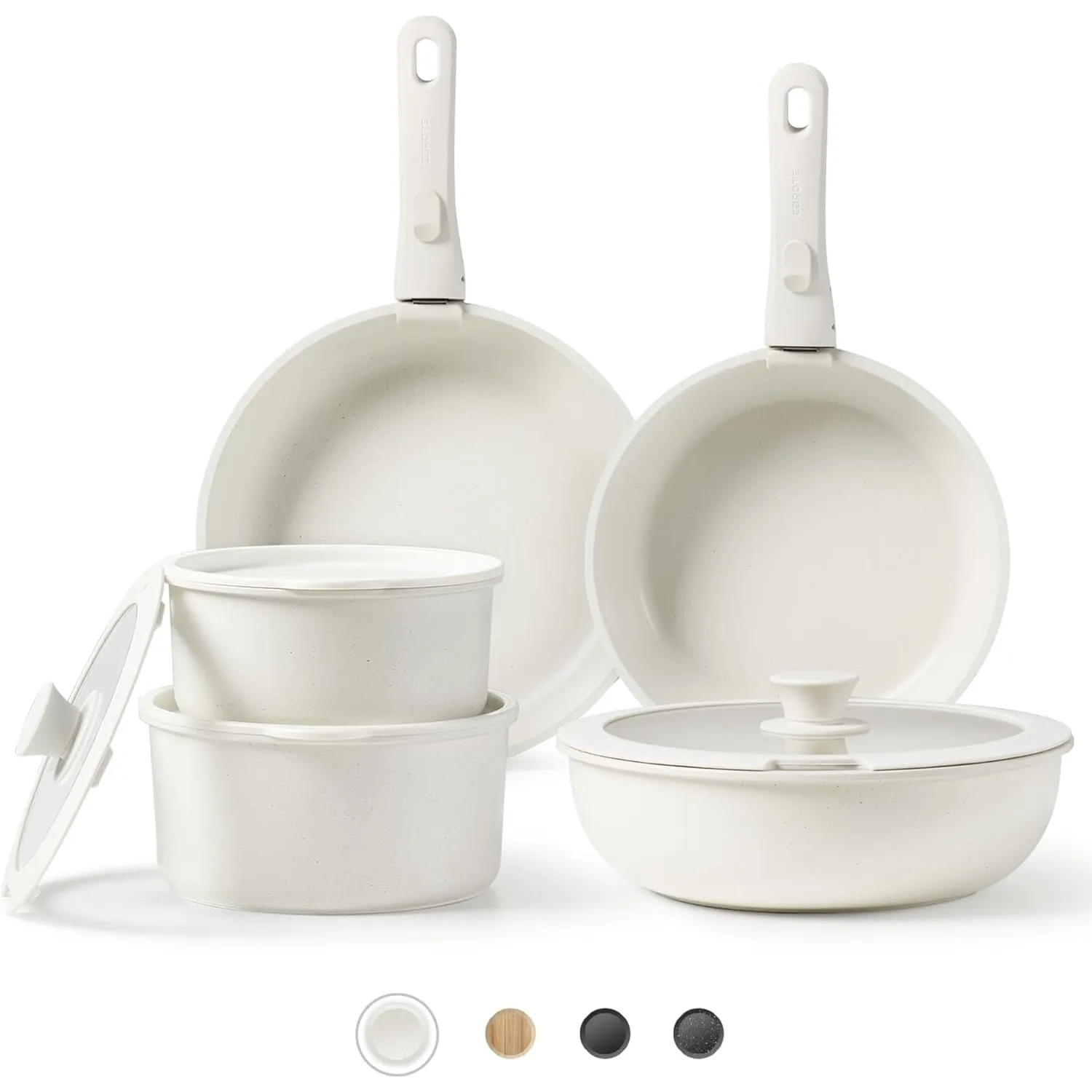 CAROTE Nonstick Cookware Sets, Detachable Non Stick Pots and Pans Set, Cooking Sets, Granite Non Stick Cookware, Suitable for All Stoves, Dishwasher/Oven Safe(White, 11 Pieces)