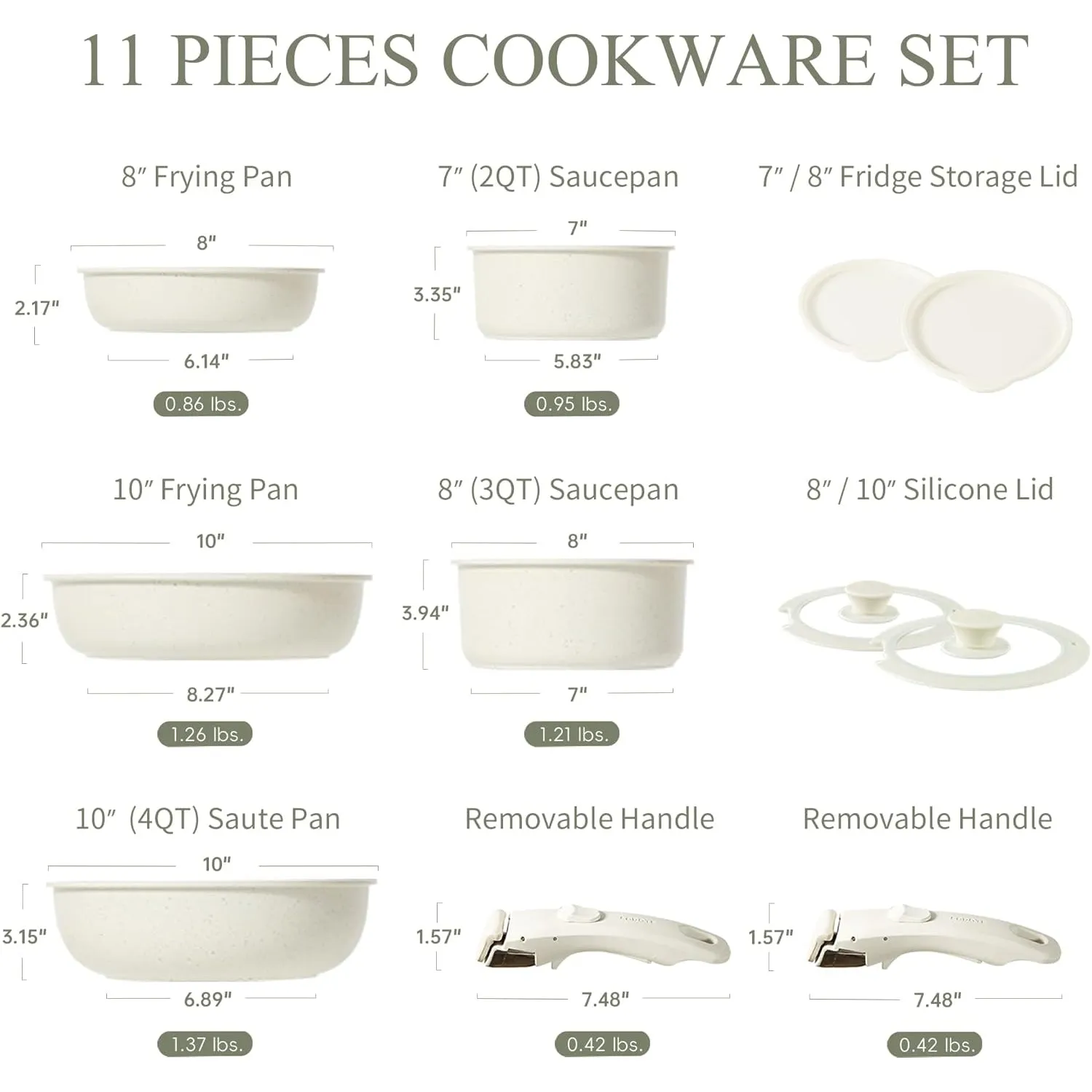 CAROTE Nonstick Cookware Sets, Detachable Non Stick Pots and Pans Set, Cooking Sets, Granite Non Stick Cookware, Suitable for All Stoves, Dishwasher/Oven Safe(White, 11 Pieces)