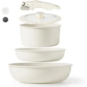 CAROTE Nonstick Cookware Sets, Detachable Non Stick Pots and Pans Set, Cooking Sets, Granite Non Stick Cookware, Suitable for All Stoves, Dishwasher/Oven Safe(White, 11 Pieces)